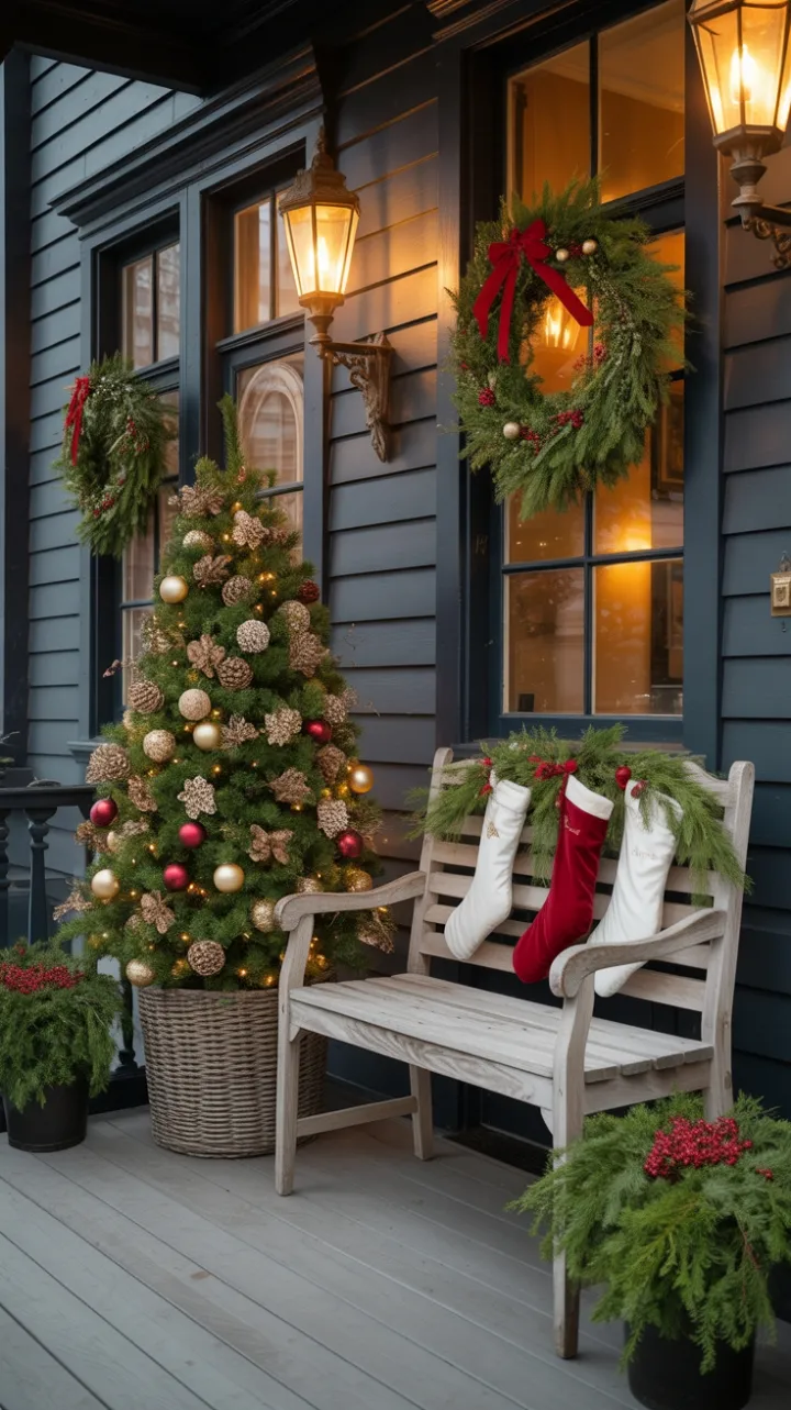 Victorian Christmas Porch Wrapped in Velvet, Evergreens and Lantern Light
