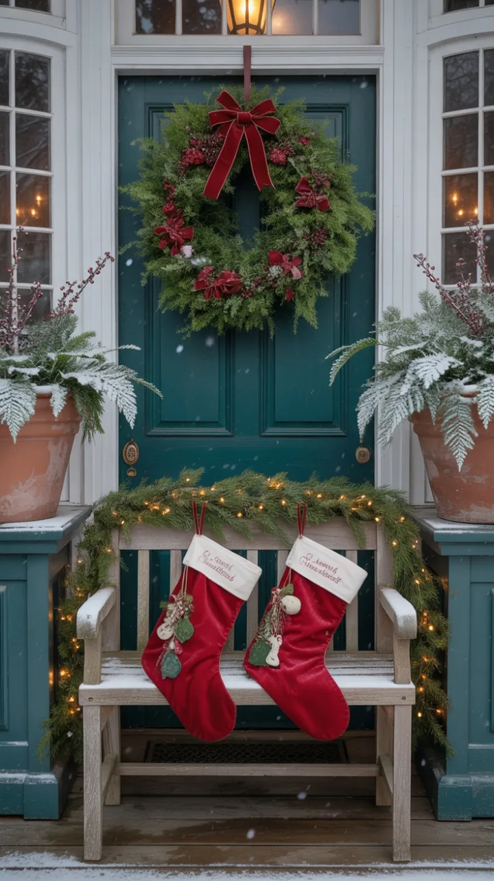Snow-Kissed Victorian Porch with Velvet Bows and Twinkling Lights