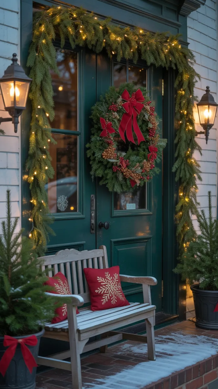 Victorian Porch Bathed in Warm Lantern Light and Evergreen Holiday Cheer
