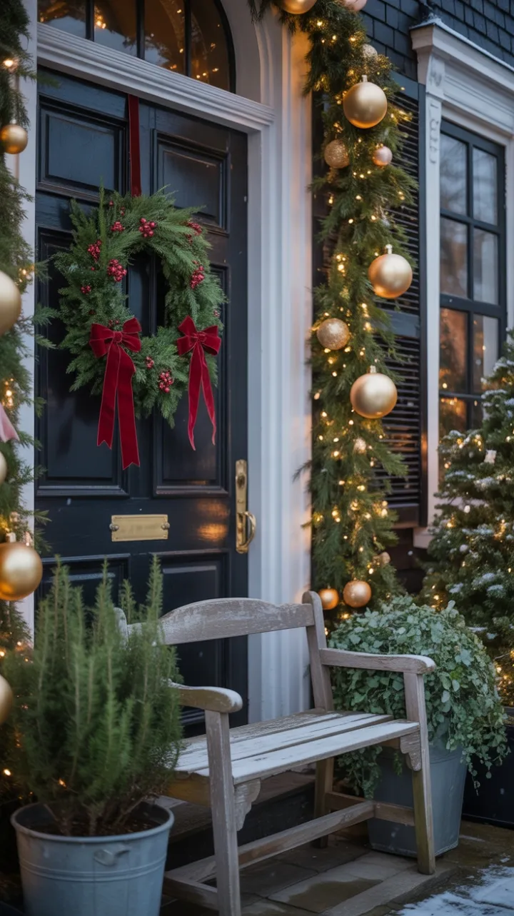 Victorian Porch Draped in Wreaths, Garland and Falling Snow