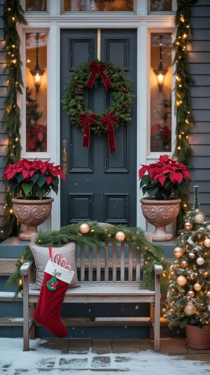 Snow-Kissed Victorian Porch Adorned with Velvet Bows and Warm Lights