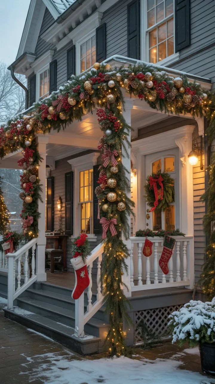 Snow-Kissed Victorian Porch Wrapped in Twinkling Garland and Warmth