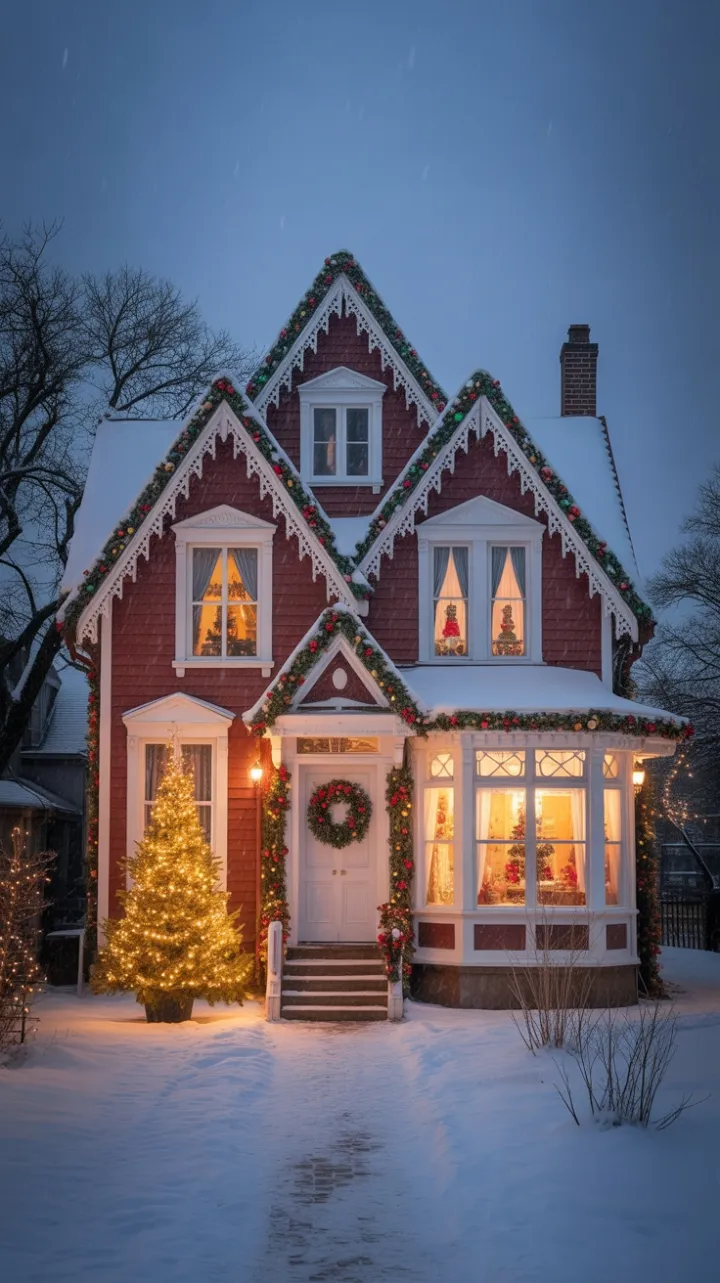 Victorian Christmas Cottage Bathed in Twinkling Dusk