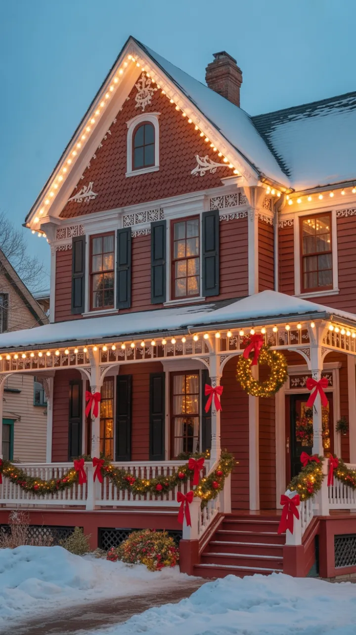 Victorian gingerbread house aglow in twinkling Christmas lights