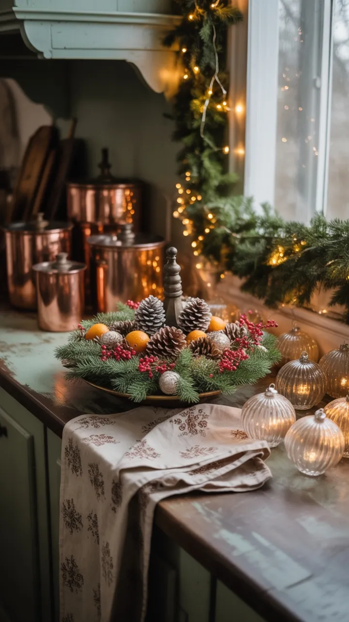 Nostalgic Victorian Holiday Kitchen with Pinecones, Copper Pots, and Warm Light