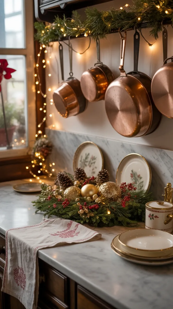 Sunlit Victorian Kitchen Adorned with Copper, Pine and Vintage Holiday Charm