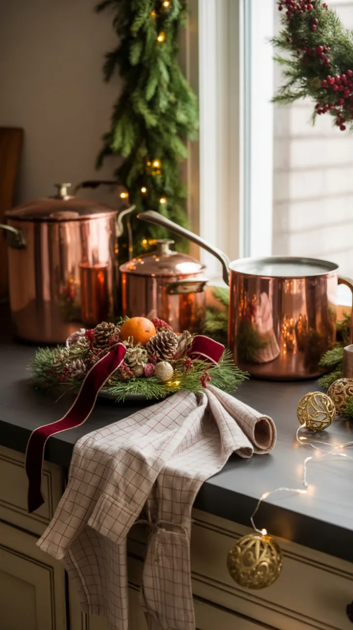 Warm Victorian Christmas Kitchen with Copper Pots and Velvet Ribbon