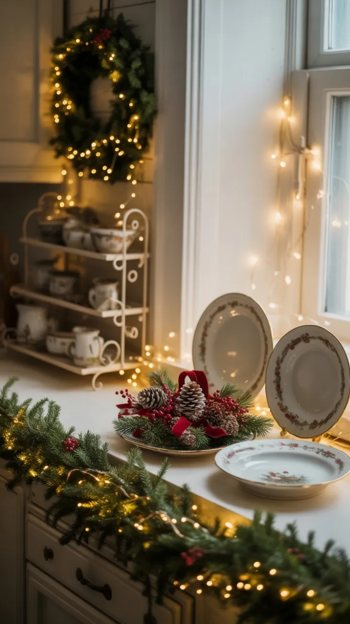 Victorian Hearthside Holiday with Porcelain, Pinecones and Twinkling Lights