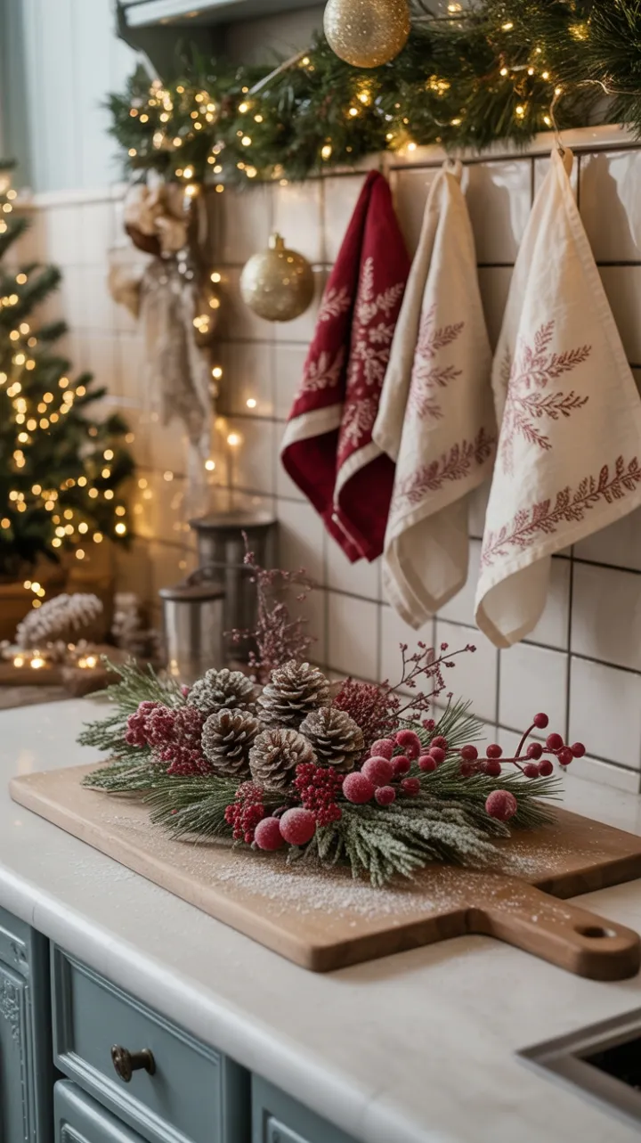 Snow-Kissed Victorian Christmas Kitchen with Pinecone and Berry Centerpiece