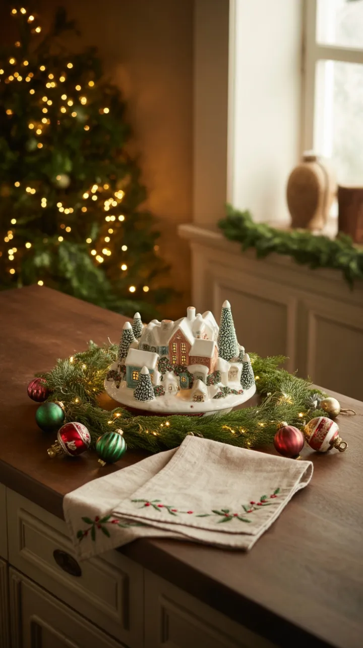 Golden Victorian Kitchen with Miniature Snow Village and Antique Ornaments