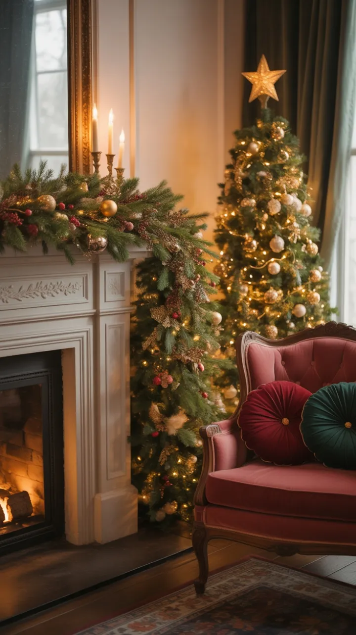 Victorian Hearthside Christmas with Velvet, Garland and Golden Glow