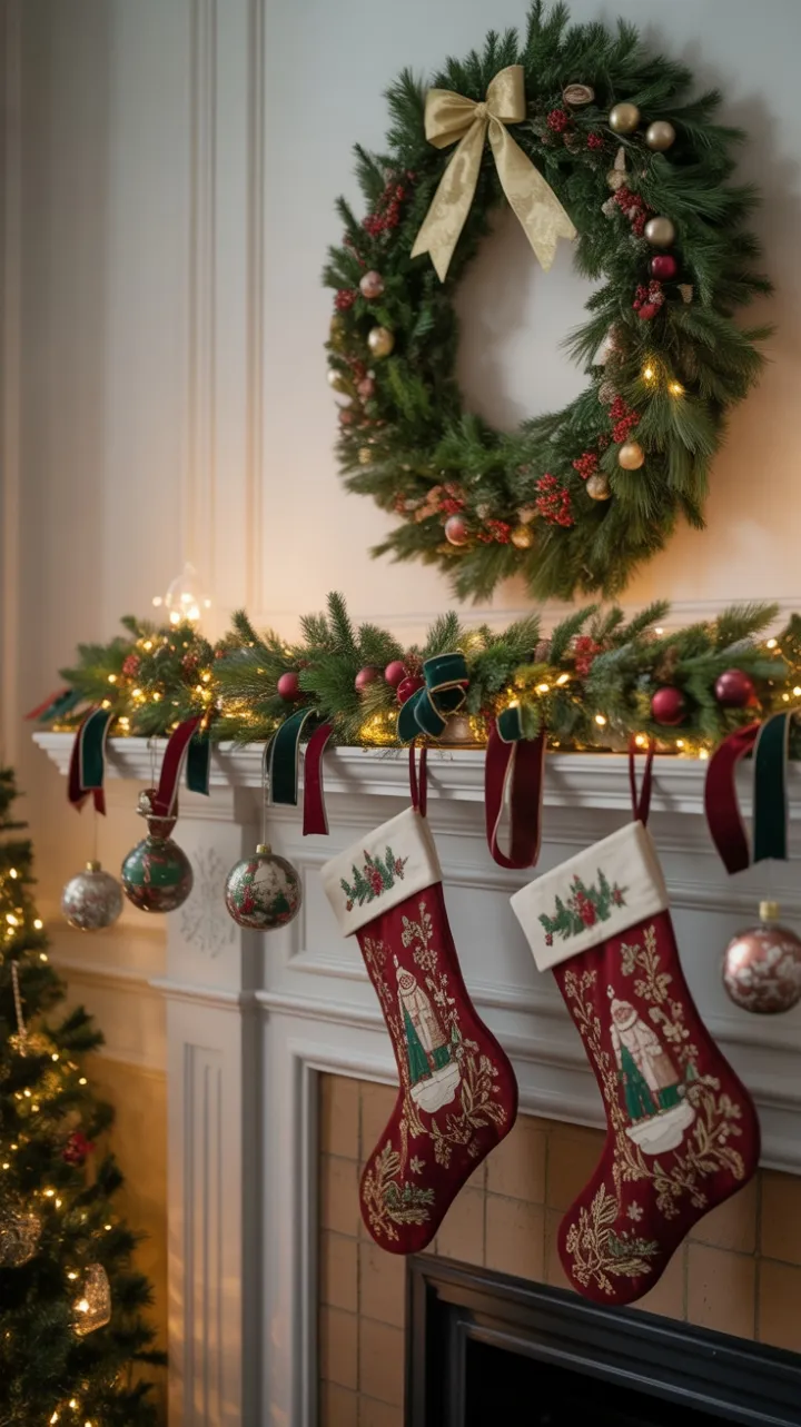 Victorian Yuletide Mantel Draped in Velvet, Holly and Twinkling Lights