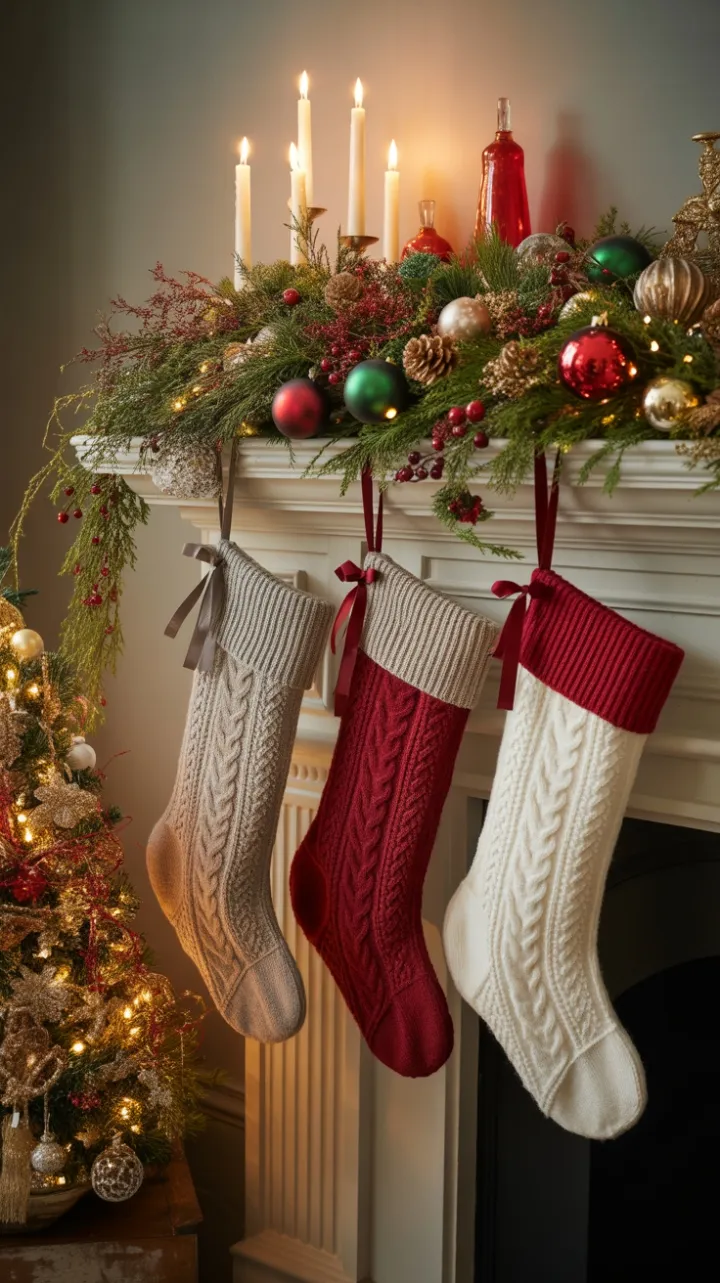 Candlelit Victorian Mantel Dressed in Crimson Gold and Evergreen