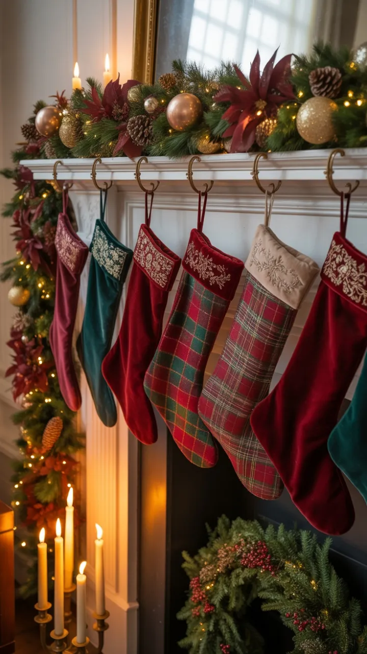 Victorian Christmas Mantel Dressed in Velvet Garland and Golden Glow