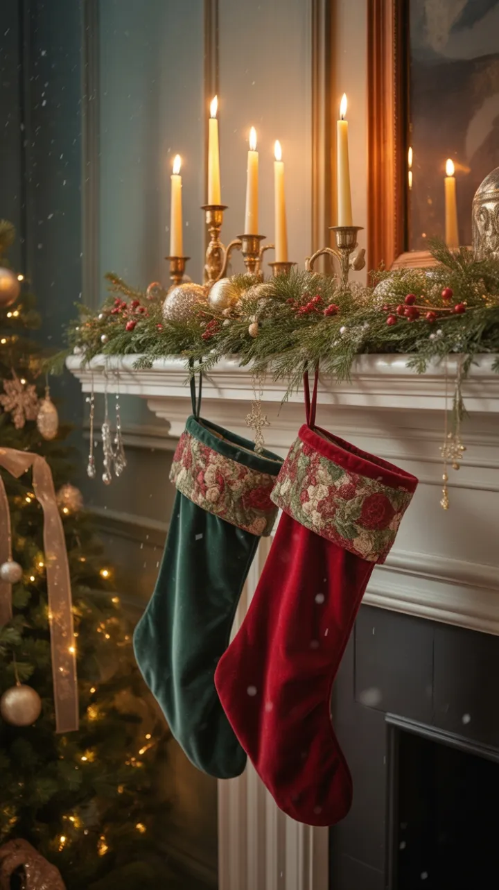 Victorian Hearth Dressed in Velvet, Garland and Winter Snow