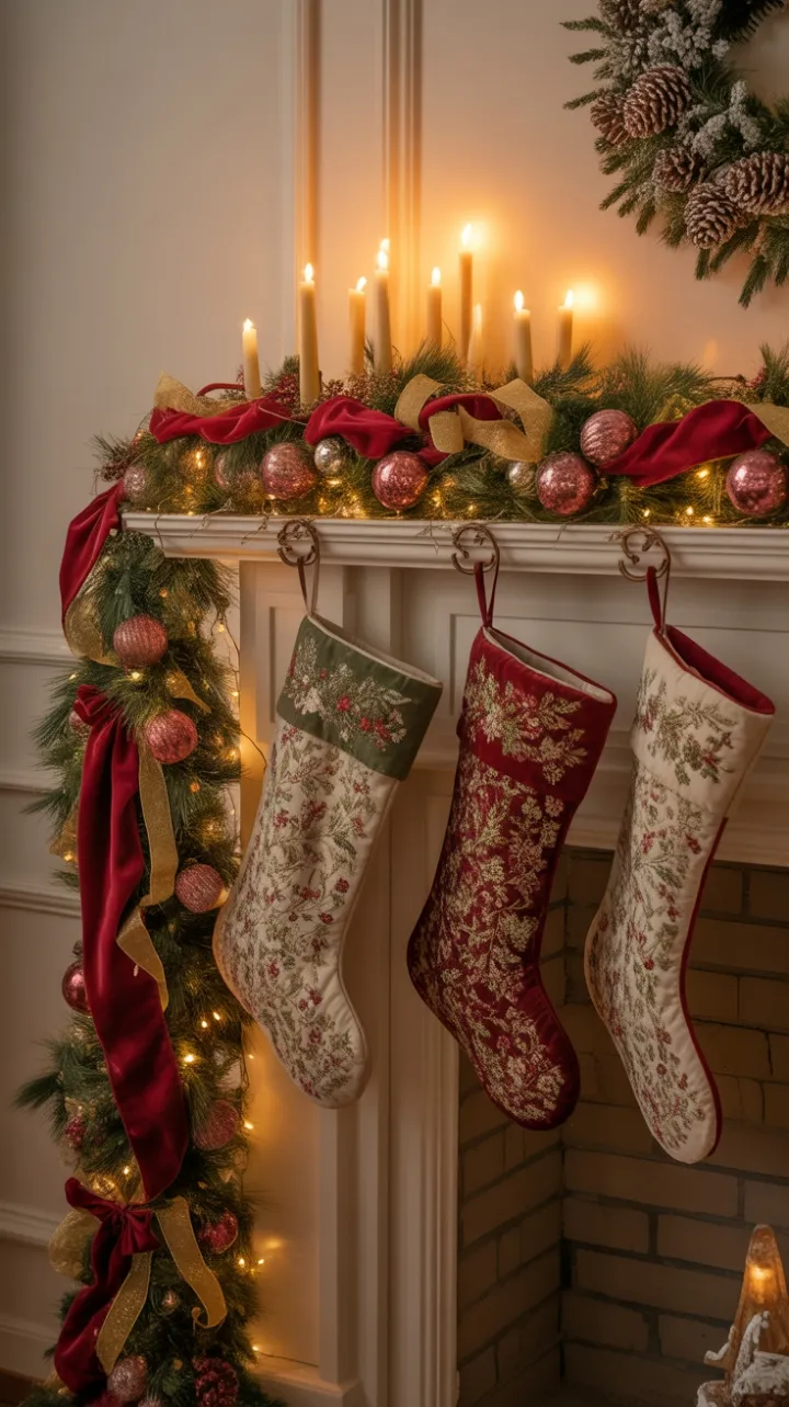 Victorian Velvet Christmas Mantel Bathed in Candlelight
