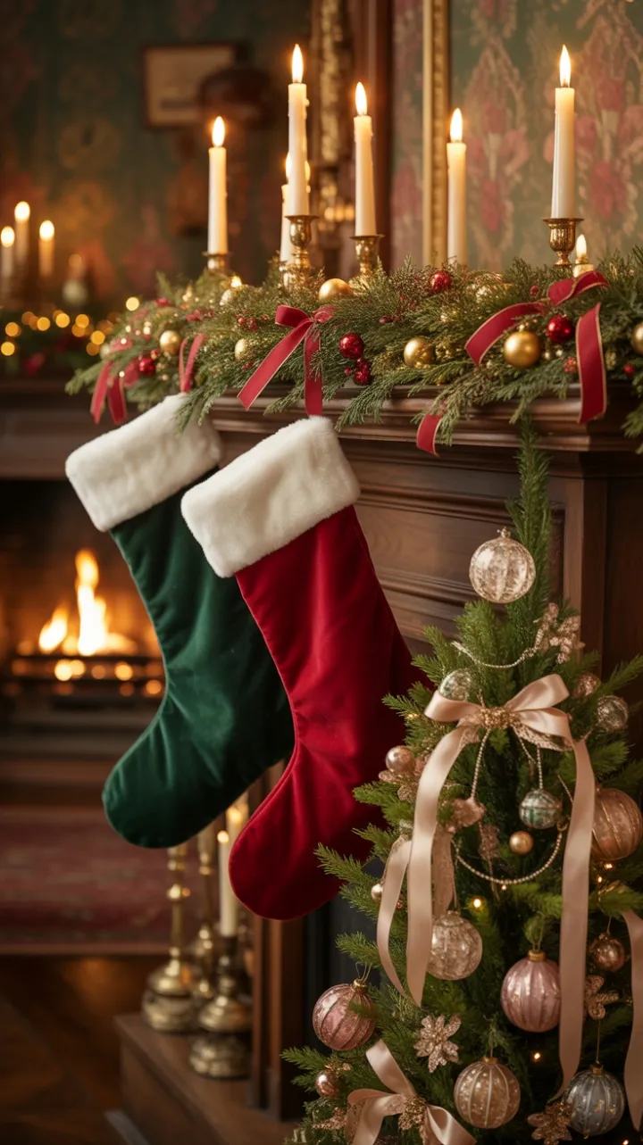 Candlelit Victorian Christmas Mantel Draped in Velvet and Gold