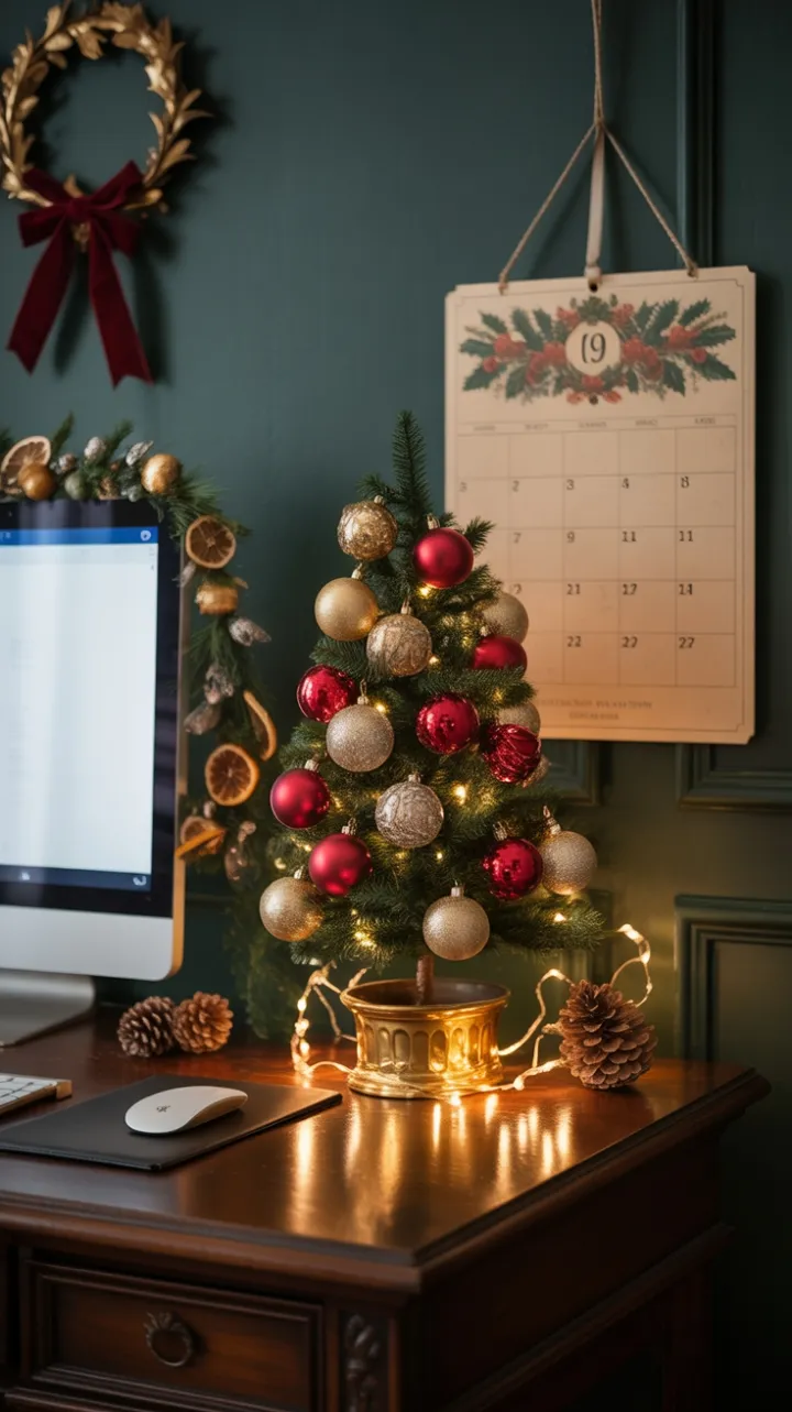 Victorian Mahogany Desk Adorned in Golden Holiday Splendor