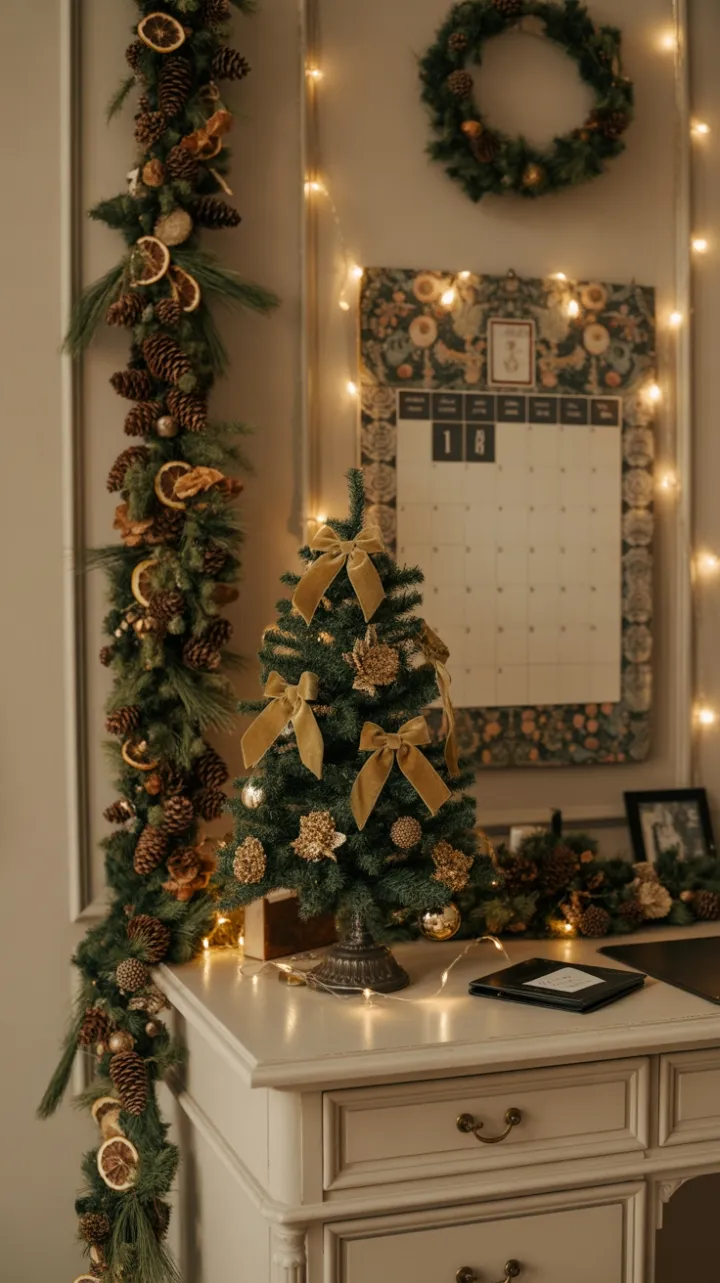 Victorian Desk Wreathed in Golden Holiday Warmth