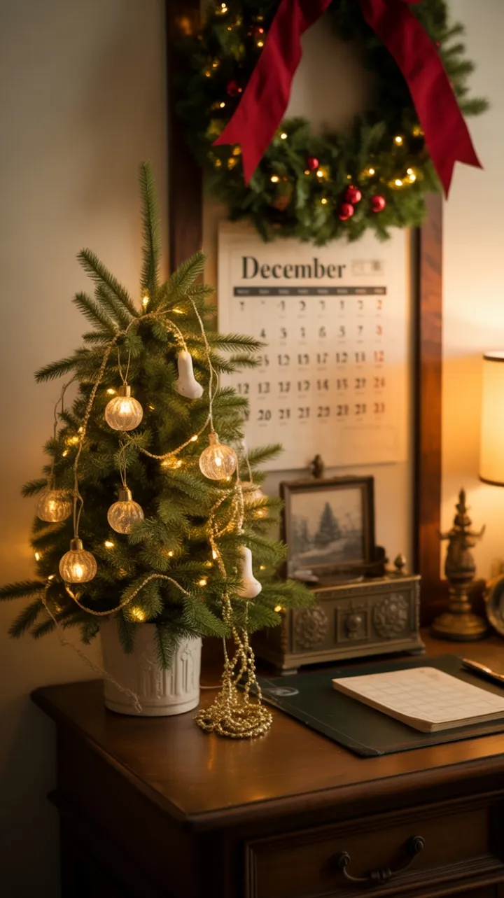 Victorian Desk Dressed for Christmas in a Golden Glow