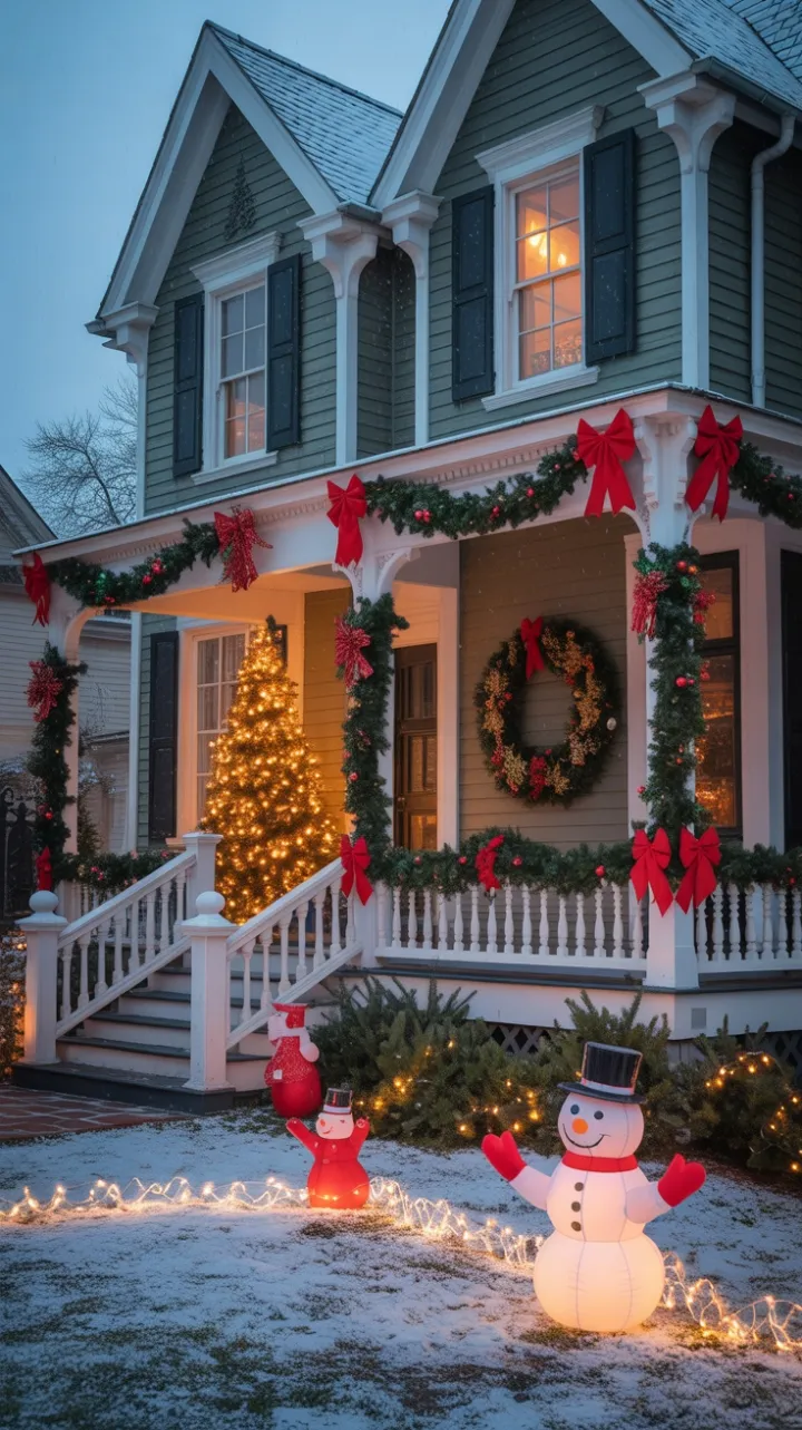 Victorian Home Draped in Christmas Splendor Under Gently Falling Snow