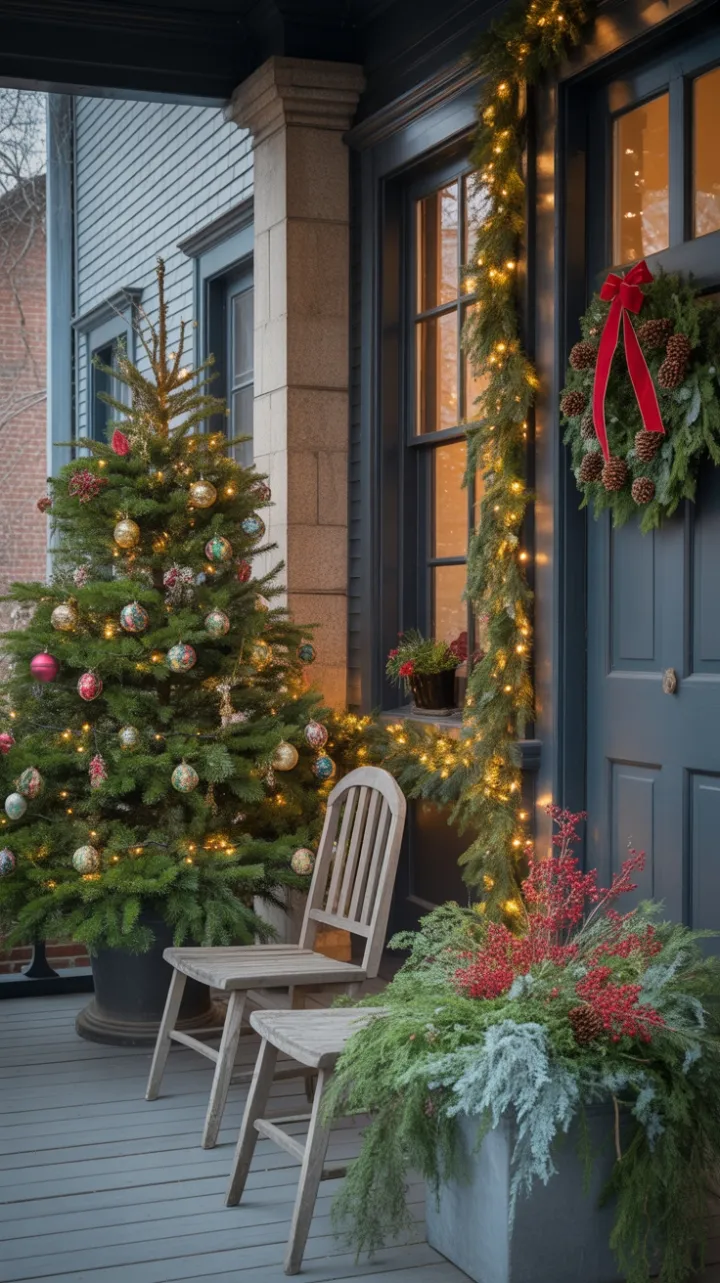 Victorian Holiday Porch Wrapped in Garland and Golden Light