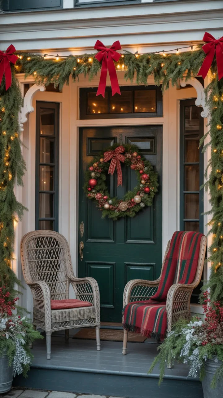 Victorian Christmas Porch with Velvet Bows and Twinkling Lights