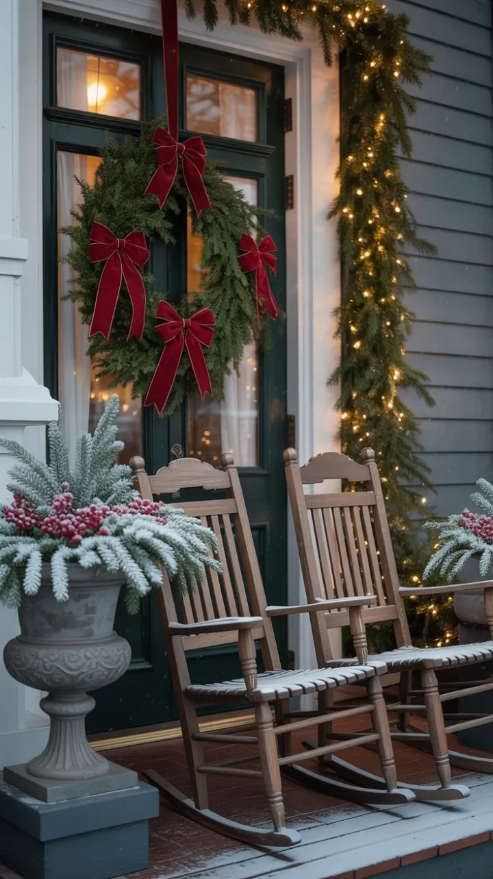 Snow-Kissed Victorian Porch Dressed in Velvet and Evergreens