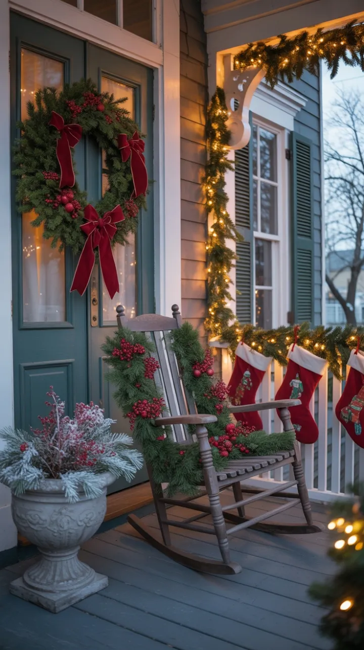 Velvet Bows and Golden Dusk on a Victorian Christmas Porch
