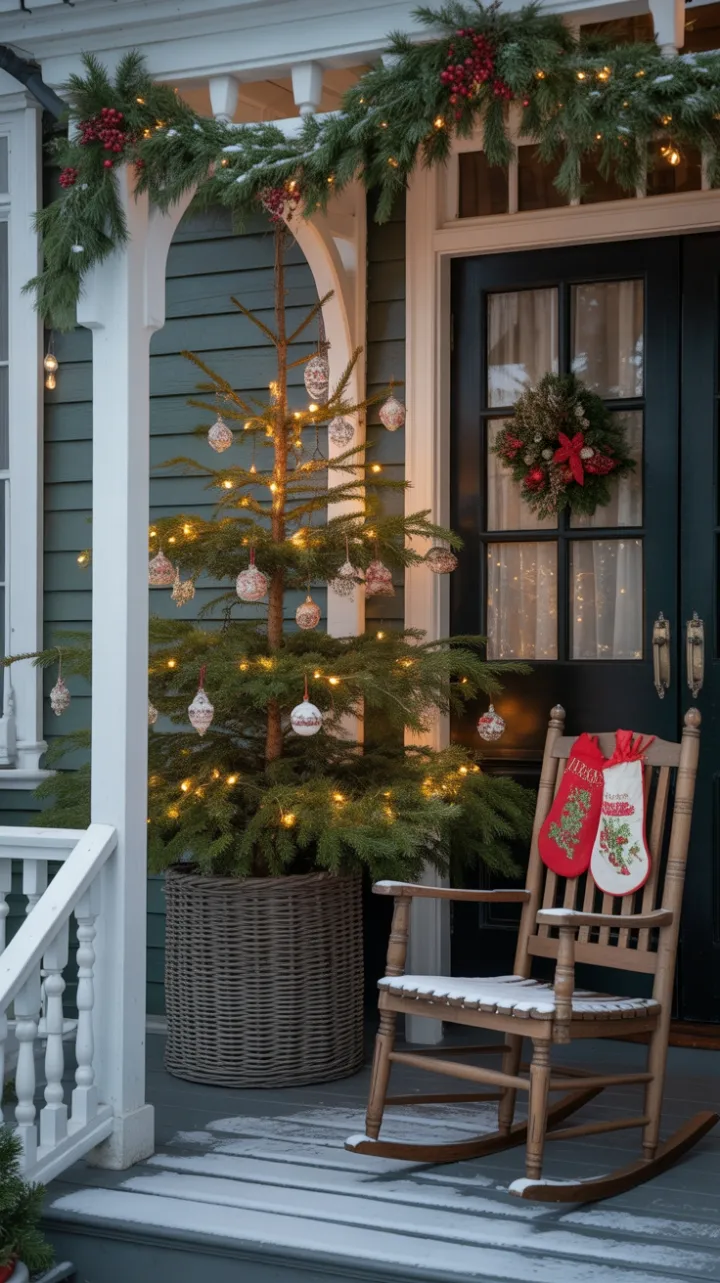 Snow-Kissed Victorian Porch with Twinkling Lights and Vintage Ornaments