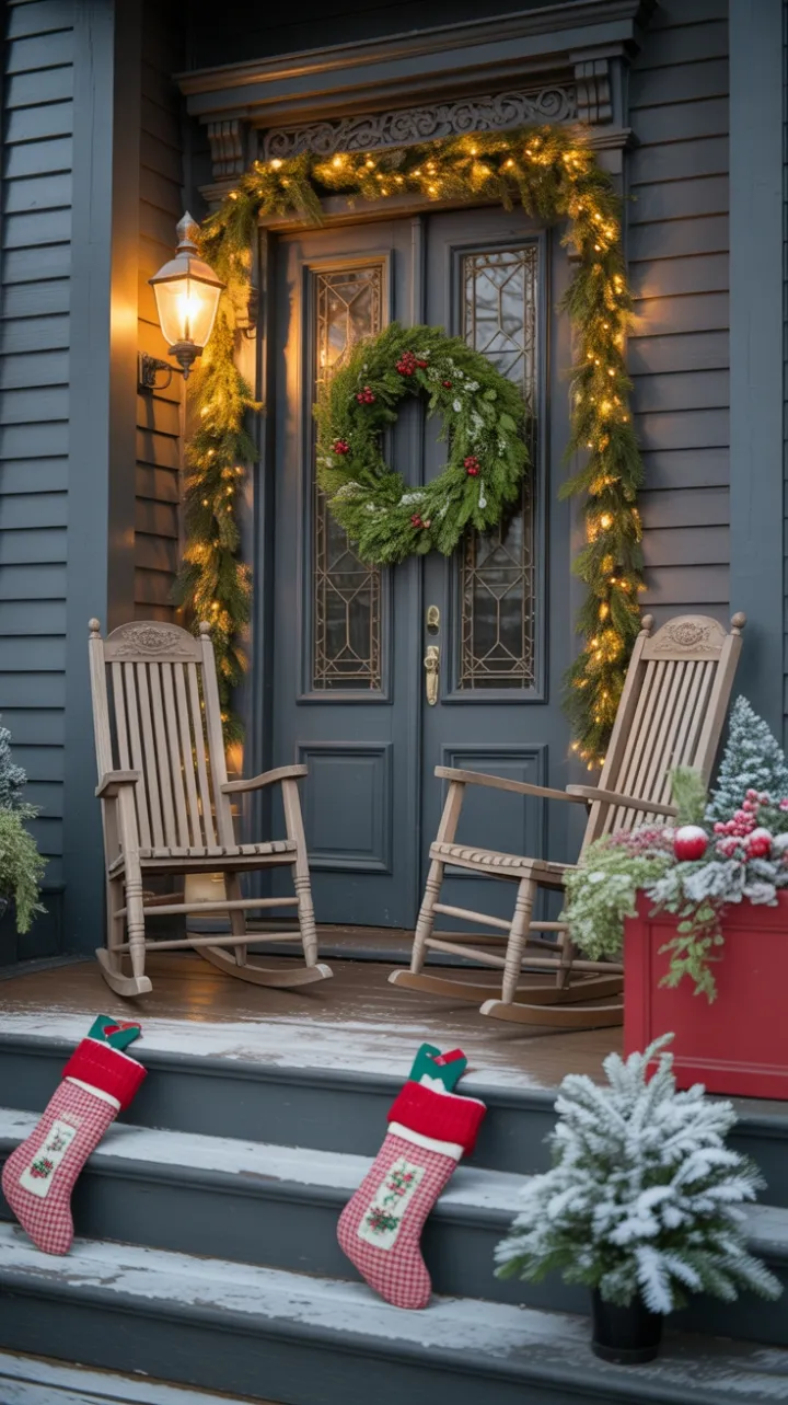 Gaslit Victorian Christmas Porch Draped in Evergreens and Warm Light
