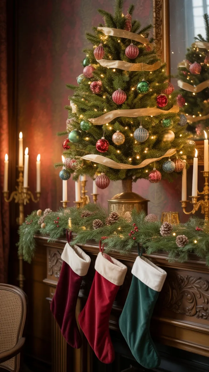 Victorian Christmas Hearth with Antique Ornaments and Candlelight
