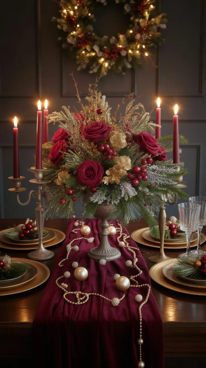 Victorian Velvet Christmas Table with Gilded Roses and Candlelight