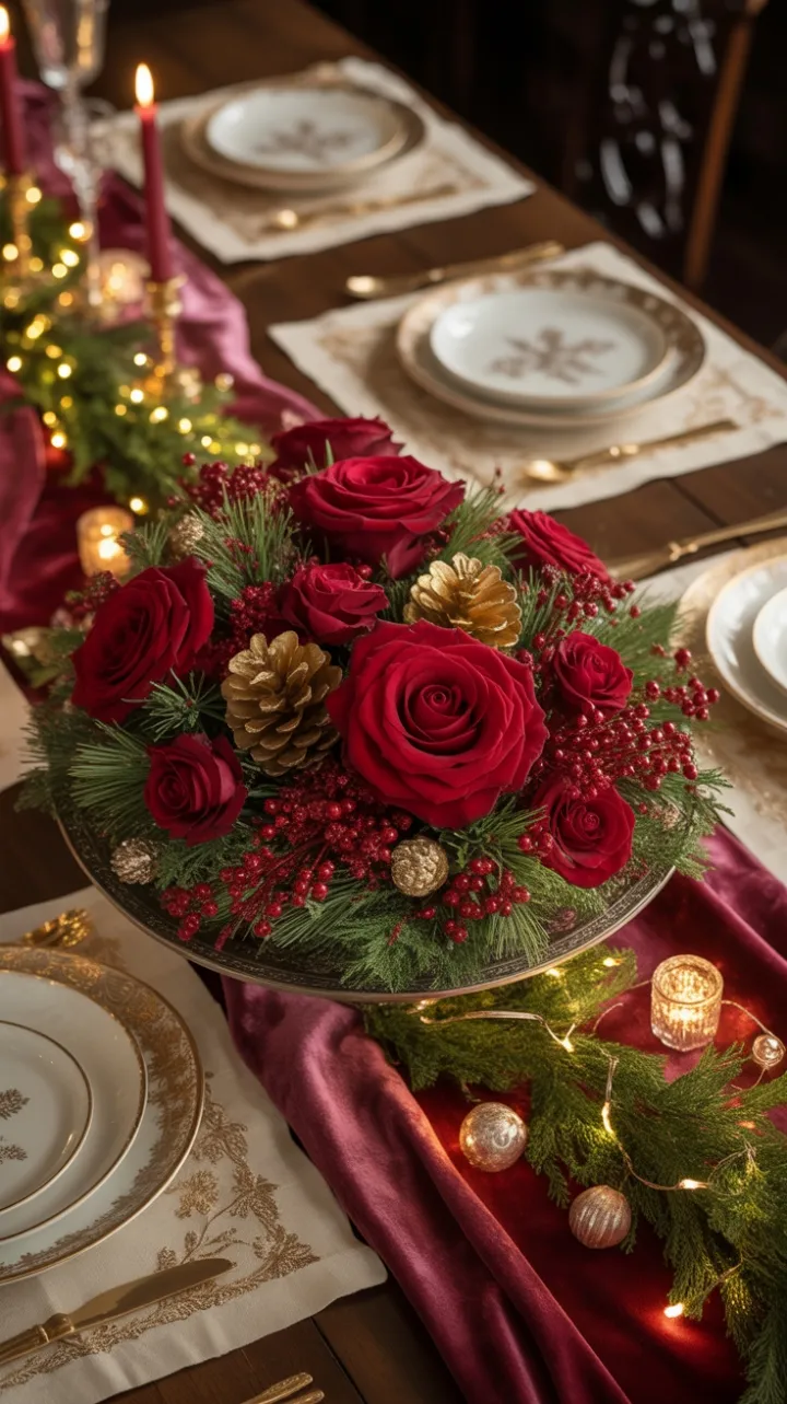 Lavish Victorian Christmas Table with Burgundy Velvet and Gilded Pinecones