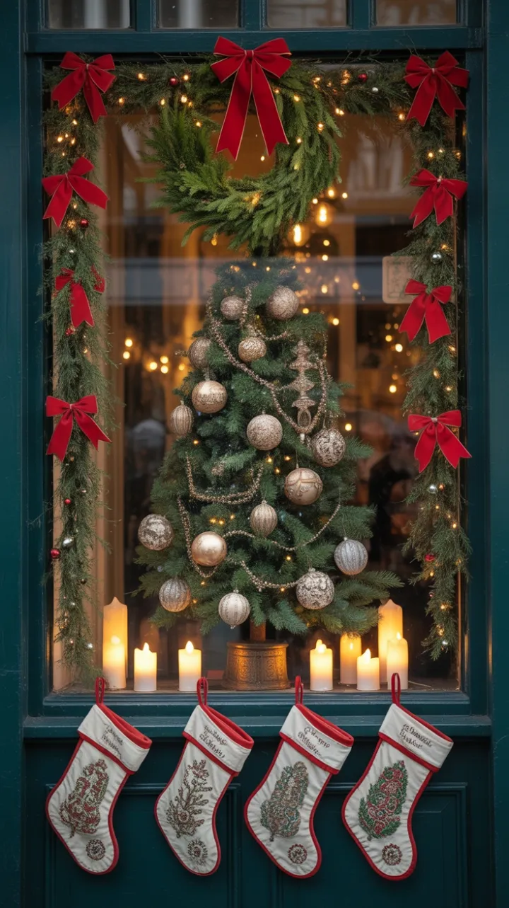 Victorian Christmas Window of Antique Ornaments and Candlelit Cheer
