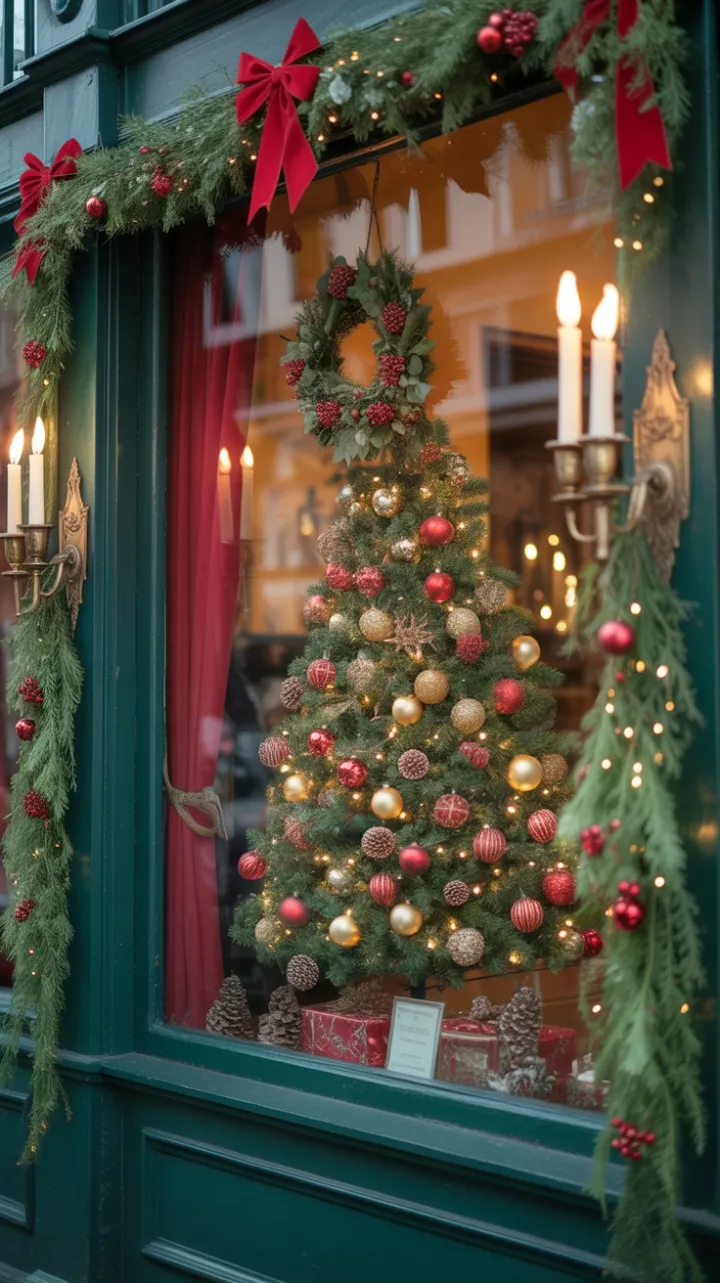 Candlelit Victorian Shop Window Adorned for Christmas