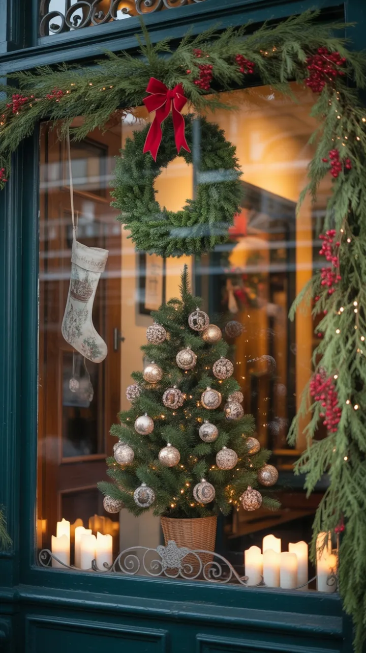 Victorian Christmas Window of Twinkling Lights and Antique Charm