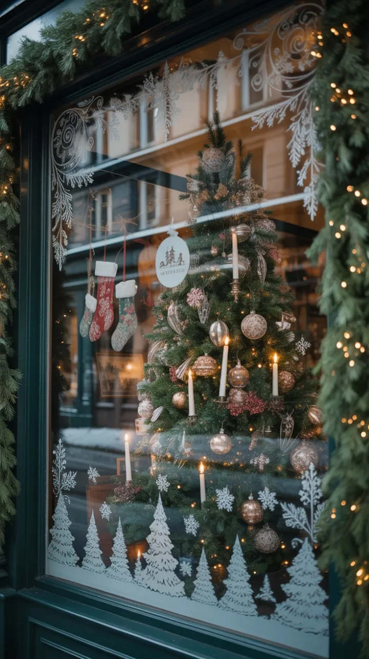 Candlelit Victorian Christmas Window of Antique Ornaments and Snowy Streets