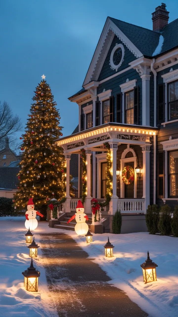 Victorian Home Aglow in Twilight Christmas Splendor