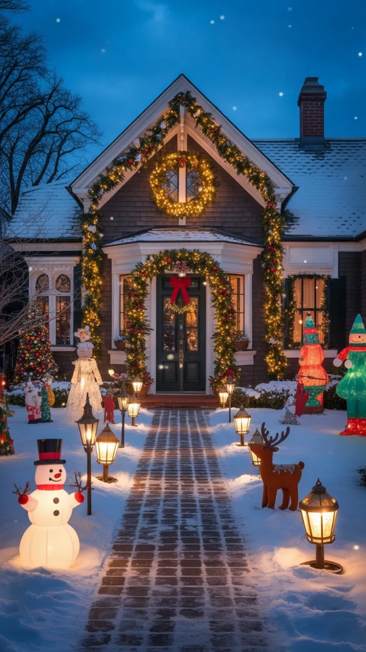 Victorian Home Aglow with Lanterns, Wreaths, and Snowy Christmas Magic