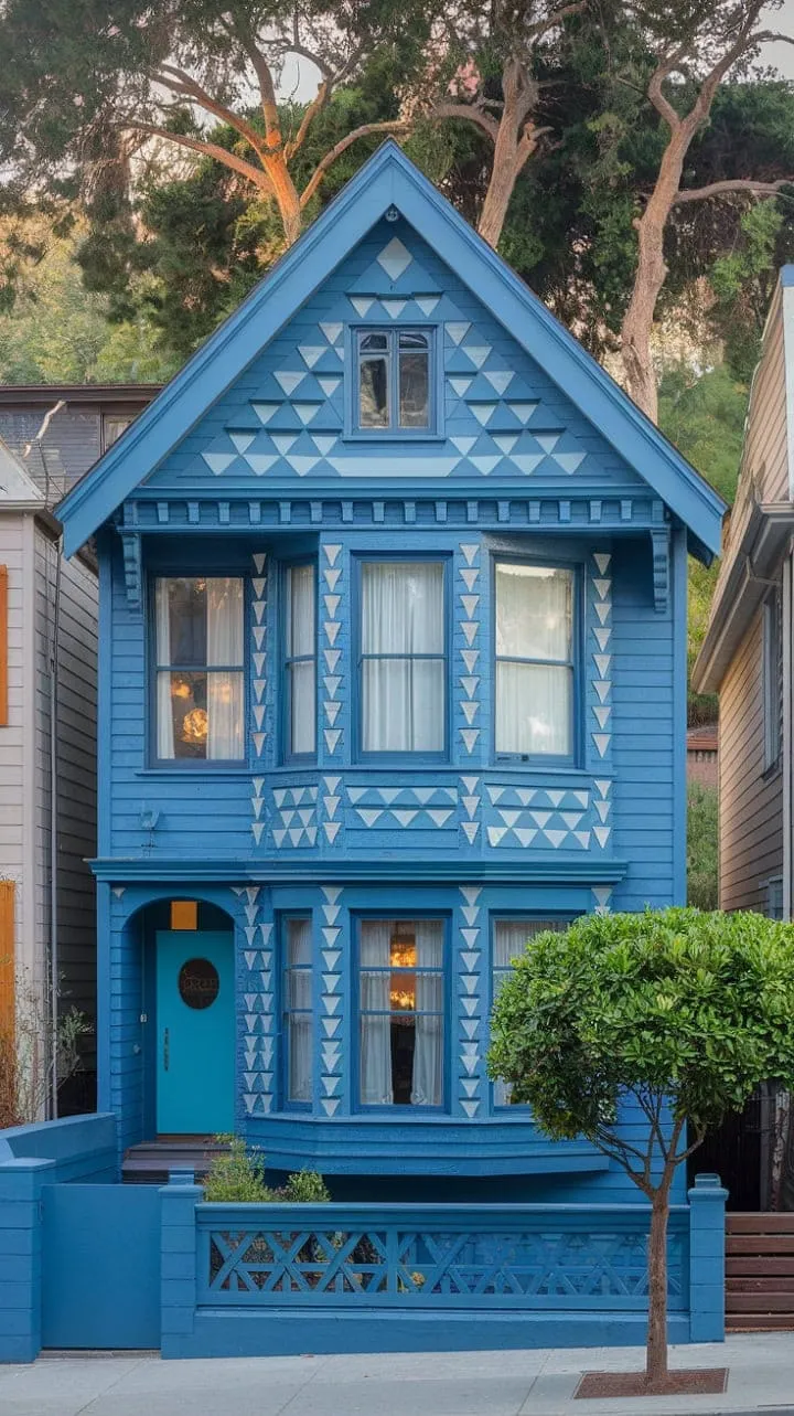 This San Francisco treasure beautifully blends Victorian charm and modern design with its striking blue facade and innovative triangular patterns, redefining classic elegance.
