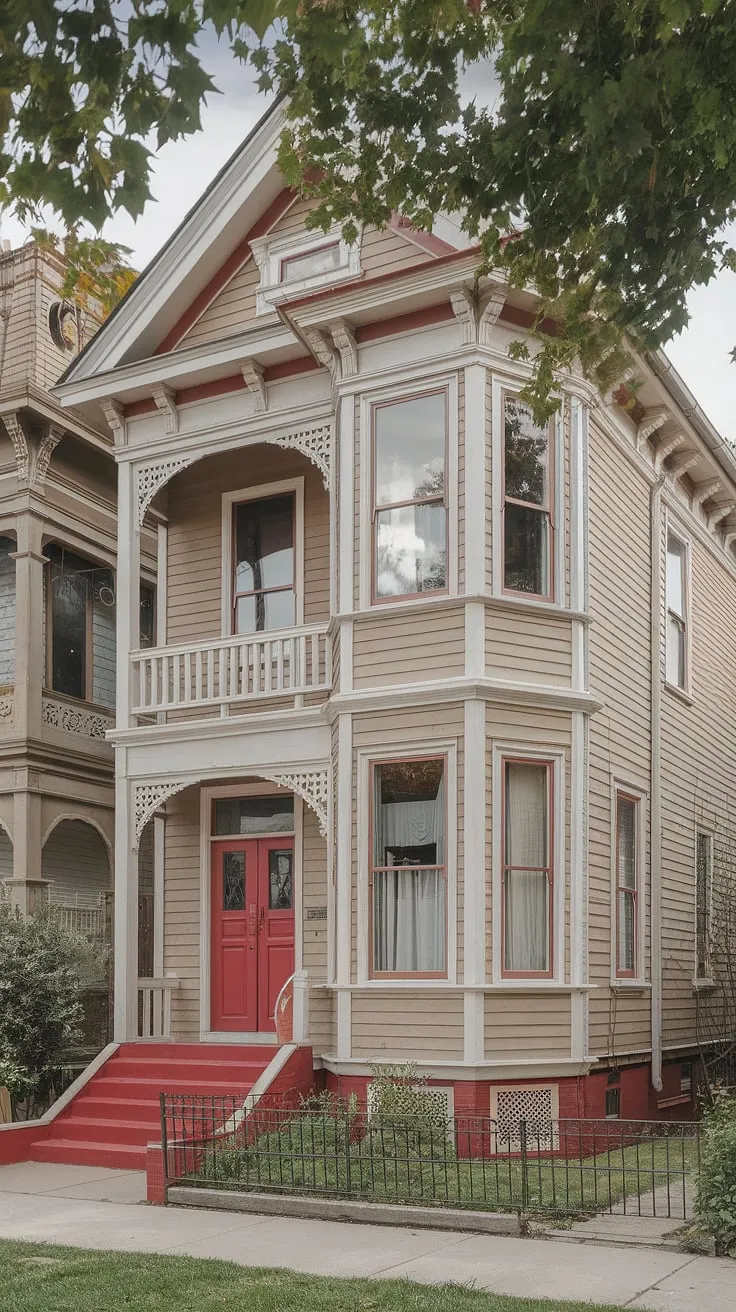 Elegant Victorian architecture showcased in a renovated home with a striking red door