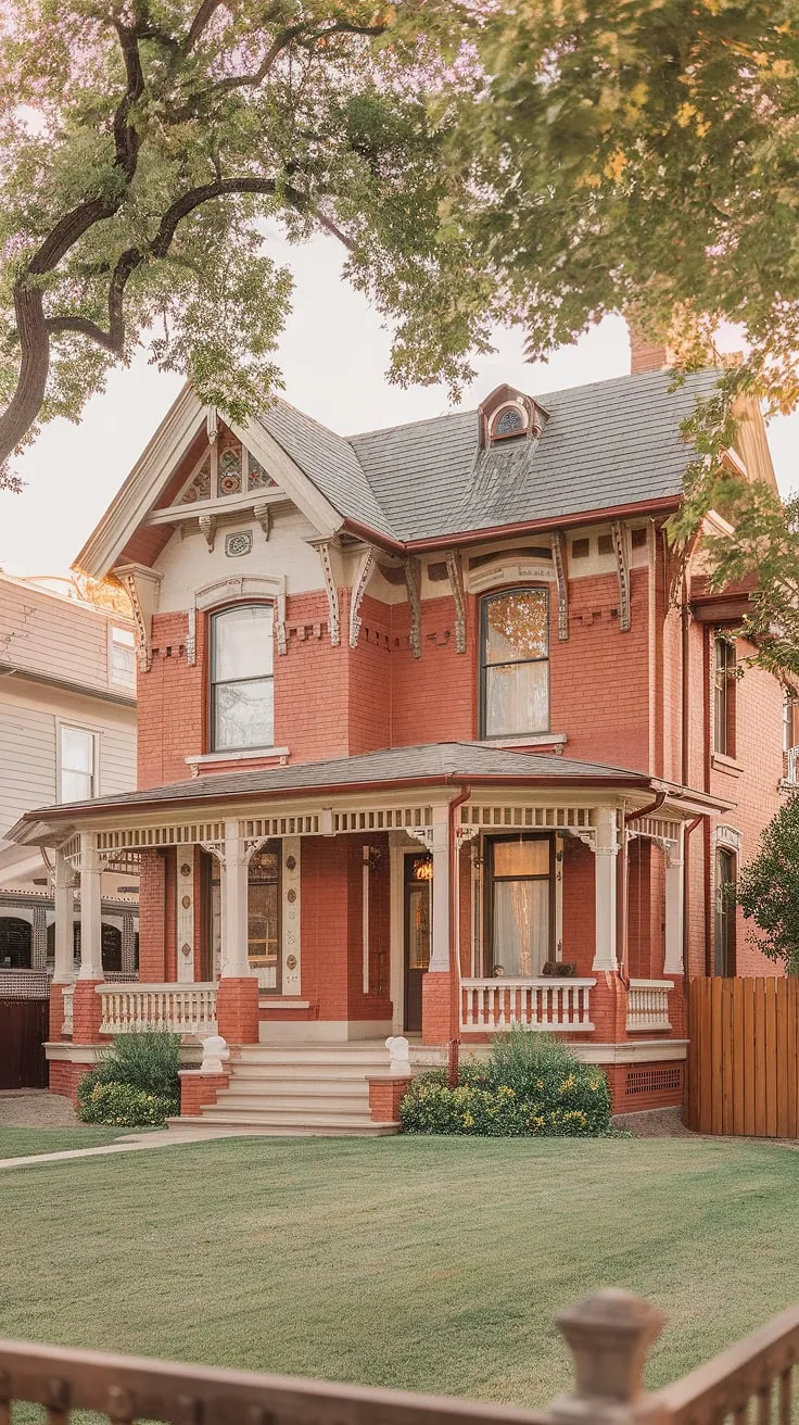 Warm lighting enhances the elegant details of a renovated Victorian home, showcasing its red brick facade and inviting porch.