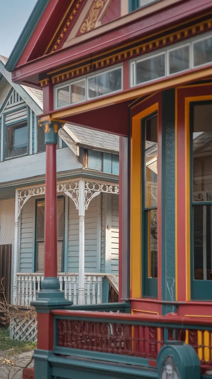 A vibrant Victorian home, painted in warm autumnal tones, stands majestically beside a quaint white cottage, creating a cool and inviting scene