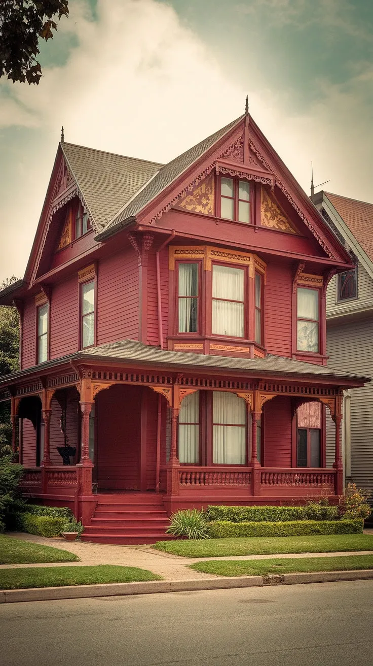 A vintage photo captures a charming red Victorian cottage, its ornate details and manicured lawn hinting at a peaceful past.