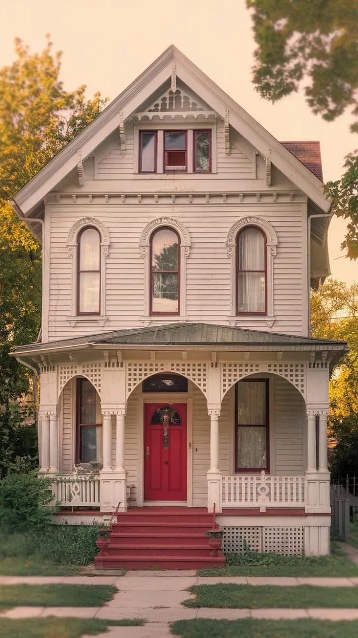 This Victorian gem, adorned with a striking red door and bathed in sunset's warm glow, beckons you to uncover the enchanting tales hidden within its elegant architecture.
