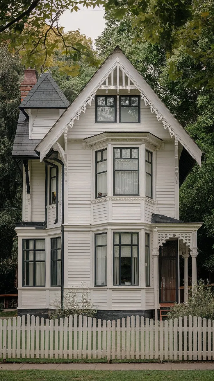 A picturesque white Victorian cottage with black accents, intricate woodwork, and a steep roof sits charmingly within a verdant landscape.