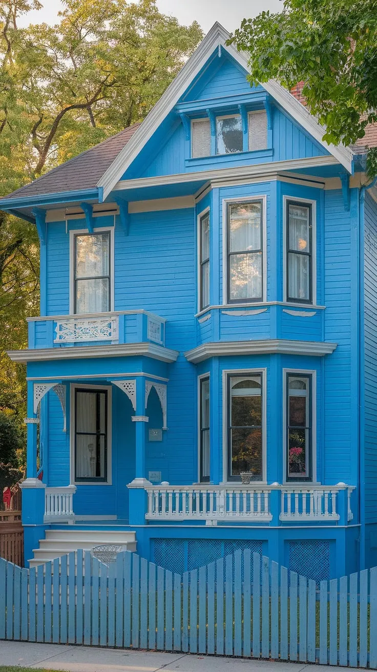 A renovated Victorian cottage, painted a bold blue, boasts charming details and sits prettily within a lush green landscape.