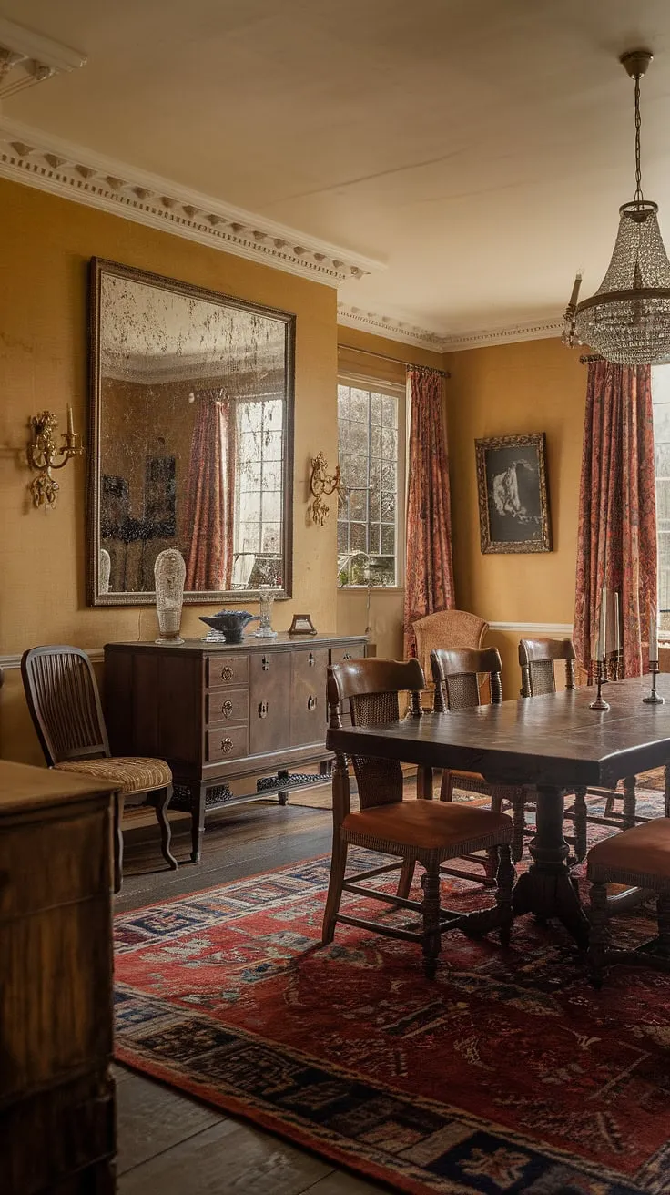 Elegant Victorian dining room evokes a warm, golden ambiance through vintage furnishings and décor