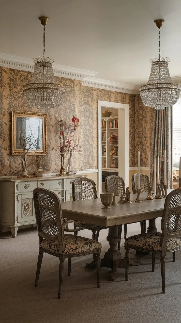A vintage Victorian dining room exudes timeless charm with its ornate details and opulent lighting.